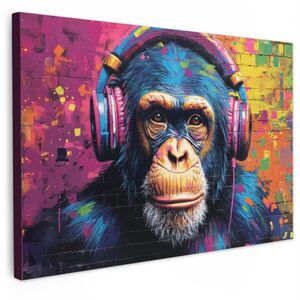 MuchoWow OBRAZ NA PLÁTNE Graffiti - Šimpanz - Street art - Slúchadlá - Opica 90x60 cm vyobraziť