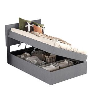 OKWISH ČALÚNENÁ posteľ 90/200 cm sivá s úložným priestorom a lamelovým roštom z masívneho dreva, MDF a ľanu vyobraziť
