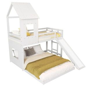 OKWISH POSCHODOVÁ posteľ 90/200 a 140/200 cm biela so šmykľavkou a strechou z borovice a MDF vyobraziť