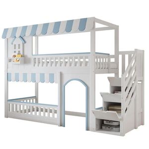 OKWISH VÝŠKOVÁ posteľ 90/200 cm biela a modrá s úložnými schodmi a zábranami z masívu a MDF vyobraziť