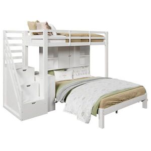 OKWISH POSCHODOVÁ posteľ 90/200 a 140/200 cm biela s úložnými schodmi a stolíkom z masívneho dreva a MDF vyobraziť