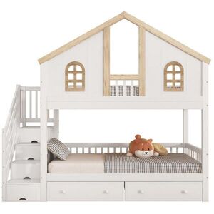 OKWISH POSCHODOVÁ posteľ 90/200 cm biela/prírodná s úložnými schodmi a zásuvkami z borovice a MDF vyobraziť