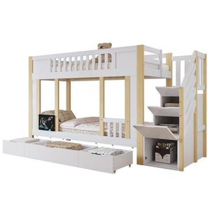 OKWISH POSCHODOVÁ posteľ 90/200 cm biela/prírodná s úložnými schodmi a zásuvkami z borovice a MDF vyobraziť