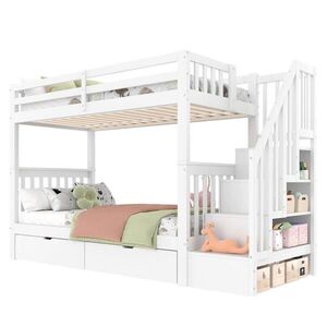 OKWISH POSCHODOVÁ posteľ 90/200 cm biela s policovými schodíkmi, 2 zásuvkami a vysokou zábranou z borovice a MDF vyobraziť