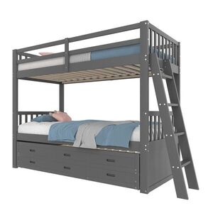 OKWISH POSCHODOVÁ posteľ 90/200 cm sivá s výsuvným lôžkom a 3 zásuvkami z borovice a MDF vyobraziť