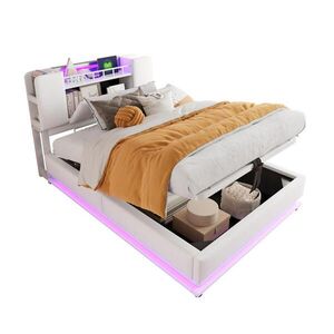 OKWISH ČALÚNENÁ posteľ 90/200 cm béžová s LED osvetlením a USB s úložným priestorom z MDF kovu a zamatu vyobraziť