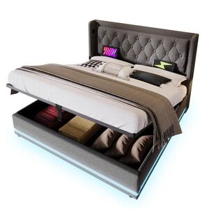 OKWISH ČALÚNENÁ posteľ 140/200 cm sivá s matracom, USB, LED a úložným priestorom z bavlnenej tkaniny vyobraziť