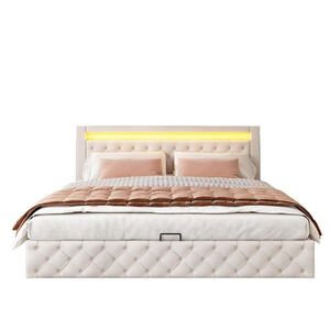 OKWISH ČALÚNENÁ posteľ 180/200 cm biela s LED osvetlením a úložným priestorom z PU vyobraziť