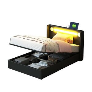 OKWISH ČALÚNENÁ posteľ 90/200 cm čierna s úložným priestorom, LED osvetlením, Bluetooth a USB z PU kože vyobraziť