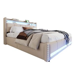 OKWISH ČALÚNENÁ posteľ 180/200 cm béžová s LED, USB a úložným priestorom z ľanovej tkaniny vyobraziť