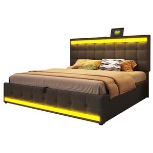 OKWISH ČALÚNENÁ posteľ 180/200 cm sivá s LED osvetlením USB portmi a nastaviteľným čelom z ľanovej tkaniny vyobraziť