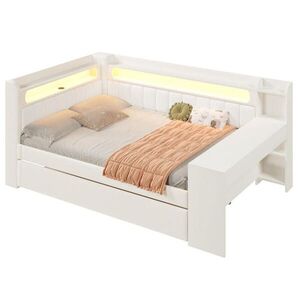 OKWISH ČALÚNENÁ posteľ 140/200 cm biela s LED osvetlením, USB, výsuvným lôžkom a písacím stolom z MDF vyobraziť