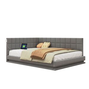 OKWISH ČALÚNENÁ posteľ 140/200 cm sivá s LED osvetlením, USB a lamelovým roštom z ľanu vyobraziť