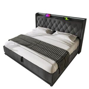 OKWISH ČALÚNENÁ posteľ 160/200 cm sivá z ľanovej tkaniny s LED osvetlením USB-C a hydraulickým úložným priestorom vyobraziť