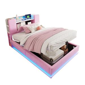 OKWISH ČALÚNENÁ posteľ 90/200 cm ružová s LED, USB a úložným priestorom z MDF, kovu a zamatu vyobraziť
