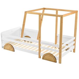 OKWISH DETSKÁ posteľ 90/200 cm biela s prírodnou a hnedou z masívneho dreva a MDF v tvare auta s ochrannými zábranami vyobraziť