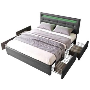 OKWISH ČALÚNENÁ posteľ 140/200 cm sivá z ľanovej tkaniny s LED osvetlením nastaviteľným čelom a 4 zásuvkami vyobraziť