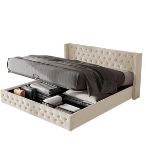 OKWISH ČALÚNENÁ posteľ 160/200 cm béžová s úložným priestorom zo zamatu v štýle Chesterfield vyobraziť