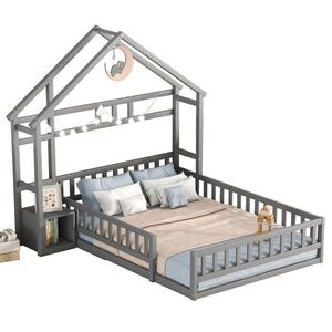 OKWISH DOMČEKOVÁ posteľ 140/200 cm sivá s nočným stolíkom a zábranou z borovicového dreva vyobraziť