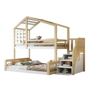 OKWISH POSCHODOVÁ posteľ 90/200 a 140/200 cm prírodná z borovicového dreva a MDF s úložnými schodmi a oknom vyobraziť