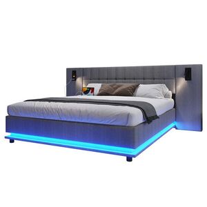 OKWISH ČALÚNENÁ posteľ 180/200 cm sivá s LED osvetlením USB a čelom so spotom z ľanu a MDF vyobraziť