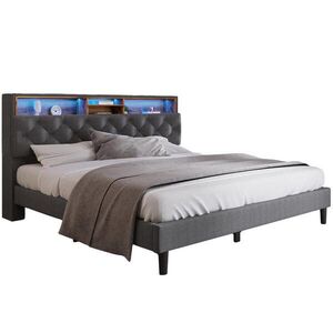 OKWISH ČALÚNENÁ posteľ 140/200 cm sivá s LED a úložným čelom z masívneho dreva s ľanom a kovom vyobraziť