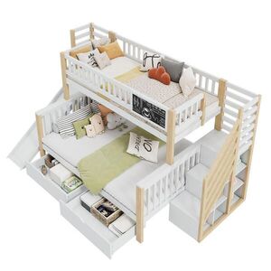OKWISH POSCHODOVÁ posteľ 90/200 a 140/200 cm biela a prírodná so šmykľavkou, tabuľou a úložným priestorom z borovice vyobraziť