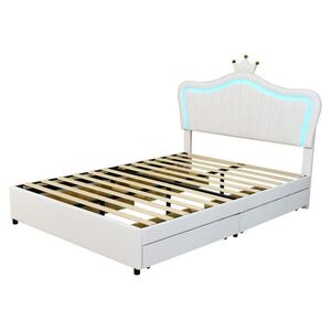 OKWISH ČALÚNENÁ posteľ 140/200 cm biela s LED osvetlením a zásuvkami z PU kože vyobraziť