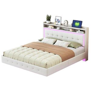 Modfu ČALÚNENÁ posteľ z látky 140x200 cm béžová s USB portom, LED osvetlením a skrytými nohami vyobraziť