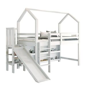 OKWISH DETSKÁ posteľ 90/200 cm biela so šmykľavkou schodíkmi úložným priestorom a policou z masívneho dreva a MDF vyobraziť