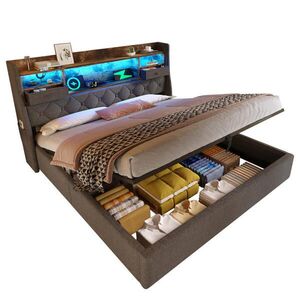 OKWISH ČALÚNENÁ posteľ 160/200 cm sivá z ľanovej tkaniny s LED osvetlením úložným priestorom a nabíjaním USB-C vyobraziť