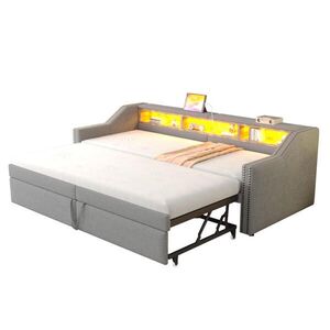 OKWISH ČALÚNENÁ posteľ 90/180 x 200 cm svetlosivá z ľanovej tkaniny s výsuvným lôžkom LED osvetlením a USB portom vyobraziť