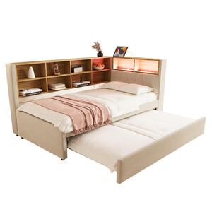 OKWISH ČALÚNENÁ posteľ 90/200 cm béžová s výsuvným lôžkom, LED osvetlením a úložným priestorom z flanelu vyobraziť