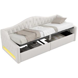 OKWISH ČALÚNENÁ posteľ 90/200 cm béžová s LED osvetlením a úložným priestorom z MDF a preglejky vyobraziť