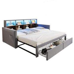 OKWISH ČALÚNENÁ posteľ 90/190 cm svetlosivá zo zamatu s výsuvným lôžkom, LED osvetlením a úložným čelom vyobraziť