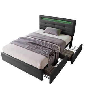 OKWISH ČALÚNENÁ posteľ 90/200 cm sivá s LED osvetlením 2 zásuvkami a nastaviteľným čelom z ľanovej tkaniny vyobraziť
