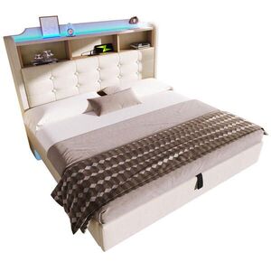 OKWISH ČALÚNENÁ posteľ 140/200 cm béžová s LED osvetlením úložným priestorom a USB z ľanu a MDF vyobraziť