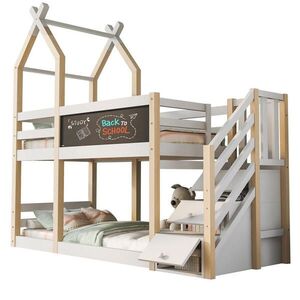 OKWISH POSCHODOVÁ posteľ 90/200 cm biela a prírodná z borovicového masívu a MDF s úložnými schodmi a tabuľou vyobraziť