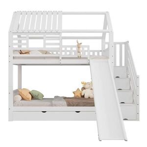 OKWISH POSCHODOVÁ posteľ 90/200 cm biela so schodmi, šmykľavkou a úložným priestorom z masívneho dreva a MDF vyobraziť