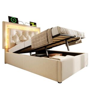 Redom ČALÚNENÁ posteľ 90/200 cm so zamatovým poťahom, LED osvetlením, USB a Type-C, úložným priestorom, Béžová vyobraziť