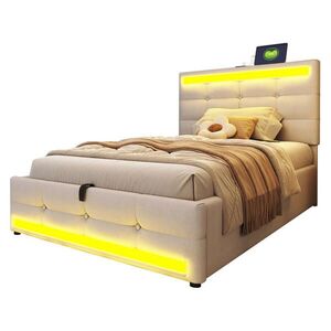 Redom ČALÚNENÁ posteľ 90/200 cm s RGB LED osvetlením, USB portami a výškovo nastaviteľným čelom, Béžová/Sivá vyobraziť