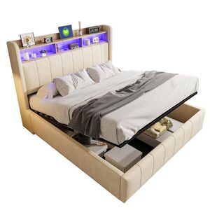 Redom ČALÚNENÁ posteľ 160/200 cm s farebne meniteľným LED osvetlením, USB-C nabíjaním a hydraulickým úložným priestorom, Béžová vyobraziť