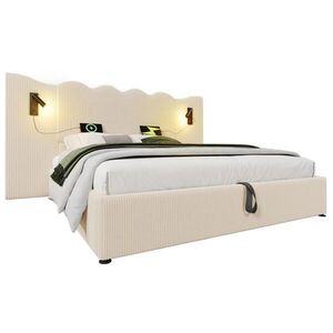 Modfu ČALÚNENÁ posteľ 180x200 cm z kordurového materiálu béžovo-biela s LED lampou, USB a úložným priestorom vyobraziť