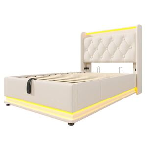 Modfu ČALÚNENÁ posteľ z PU 90x200 cm biela s LED osvetlením, USB a hydraulickým úložným priestorom vyobraziť