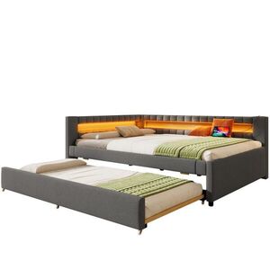 Modfu ČALÚNENÁ posteľ z ľanu a MDF 140x200 cm sivá s LED osvetlením, USB a výsuvným lôžkom vyobraziť