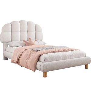 Modfu ČALÚNENÁ posteľ z bouclé a MDF 90x200 cm biela s nastaviteľným čelom a lamelovým roštom vyobraziť