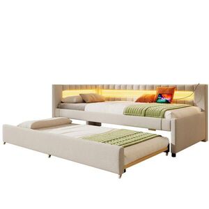 Modfu DETSKÁ posteľ z ľanu a MDF 90x200 cm béžová s LED osvetlením, USB a výsuvným lôžkom vyobraziť