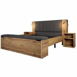 Modfu DREVENÁ čalúnená posteľ 160x200 cm dub s lamelami, USB čítacími lampami, úložným priestorom a nočnými stolíkmi vyobraziť