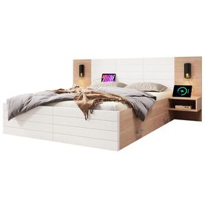 Modfu DVOJLÔŽKOVÁ posteľ z masívneho dreva a MDF 140x200 cm biela/dub s LED lampou, USB nabíjaním a úložným priestorom vyobraziť