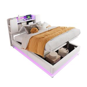 Modfu DETSKÁ čalúnená posteľ z MDF a kovu 90x200 cm béžová s LED osvetlením, USB portom a hydraulickým úložným priestorom vyobraziť